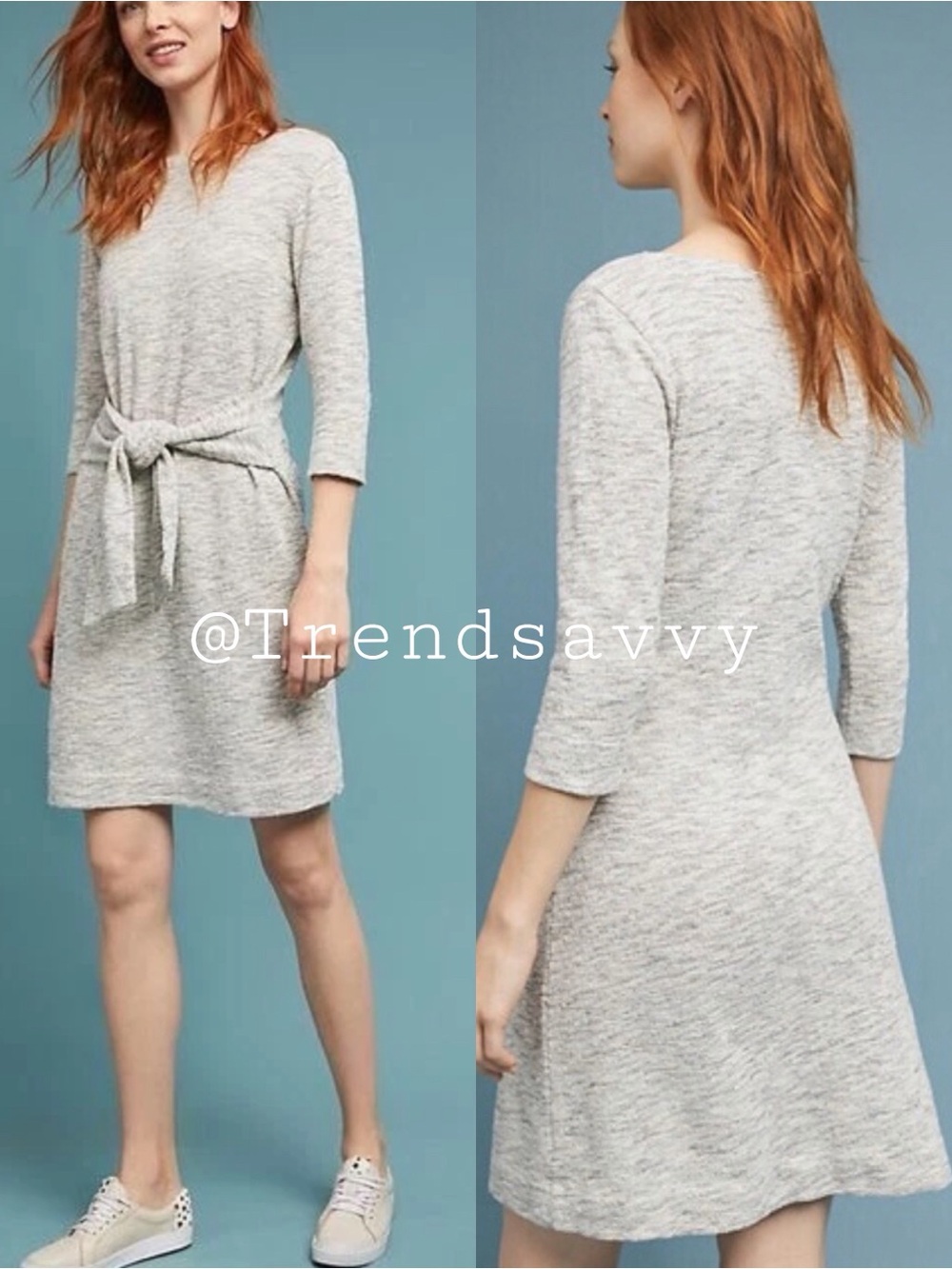 Anthropologie Becky Gray Boat Neck Tie Waist Knit Mini Dress Petite LP NWT